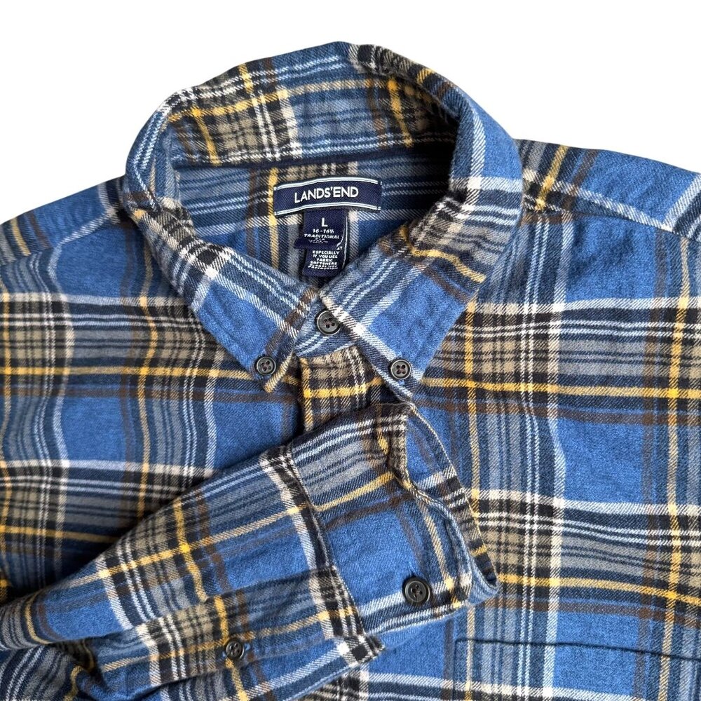 Lands End Flannel Shirt Mens L Traditional Plaid Blue Yellow Thick‎ Soft Button